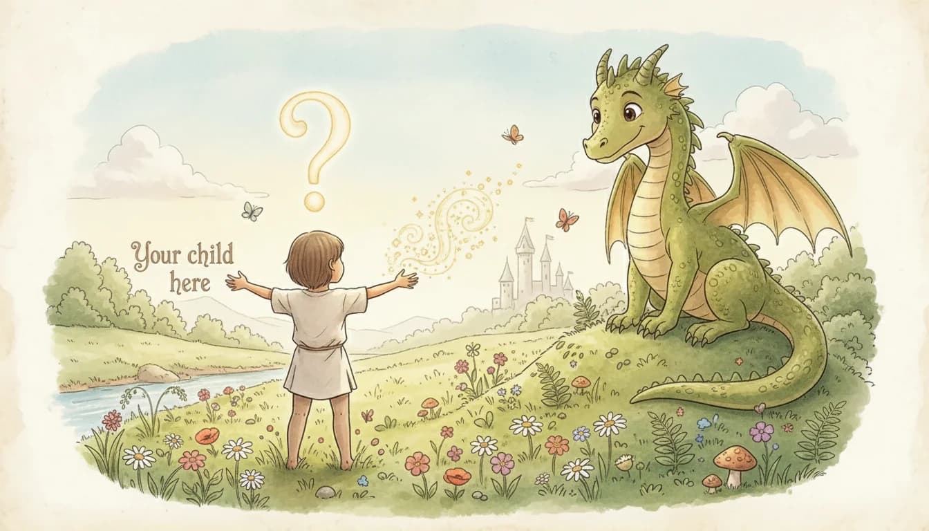 Watercolor illustration of a child casting a spell at a dragon in a sunlit meadow
