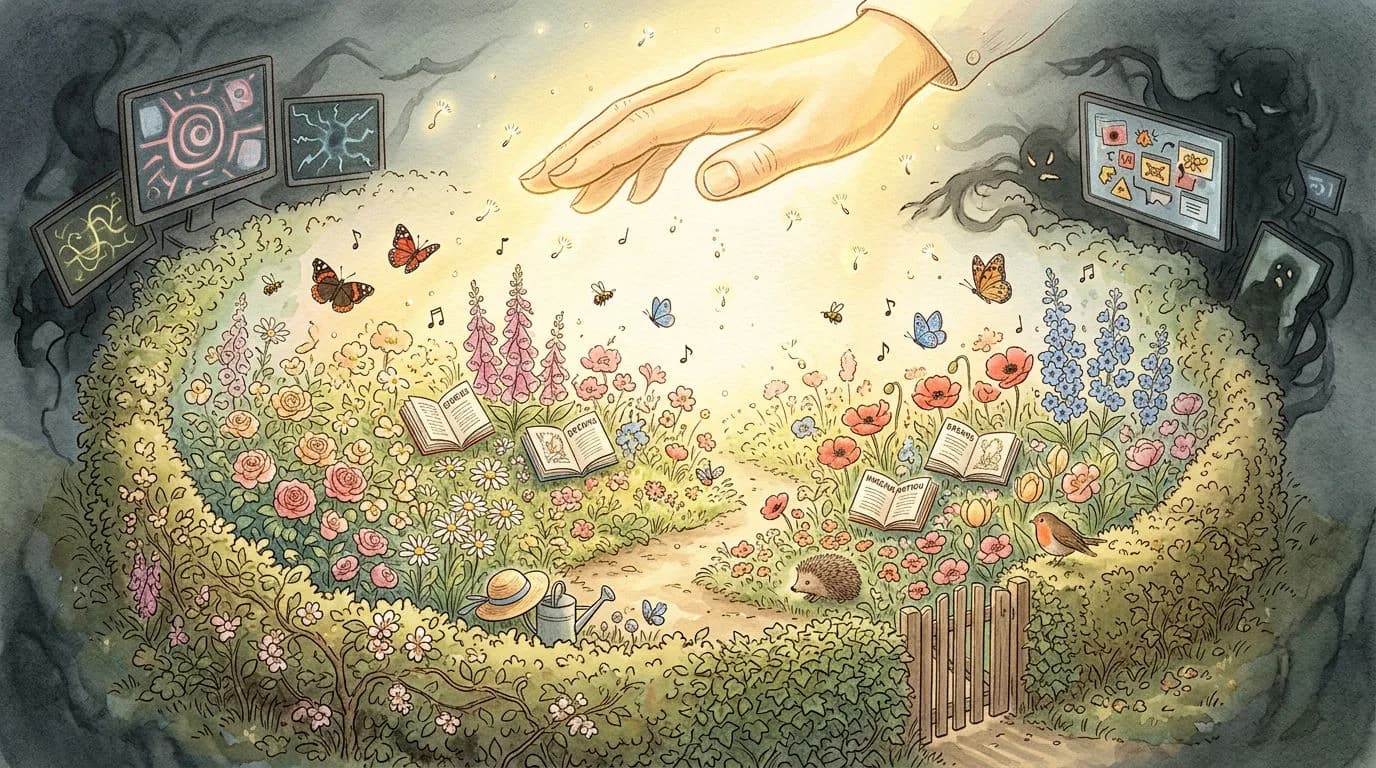 A watercolor garden where books bloom among flowers, butterflies, and music — the garden of your child's mind