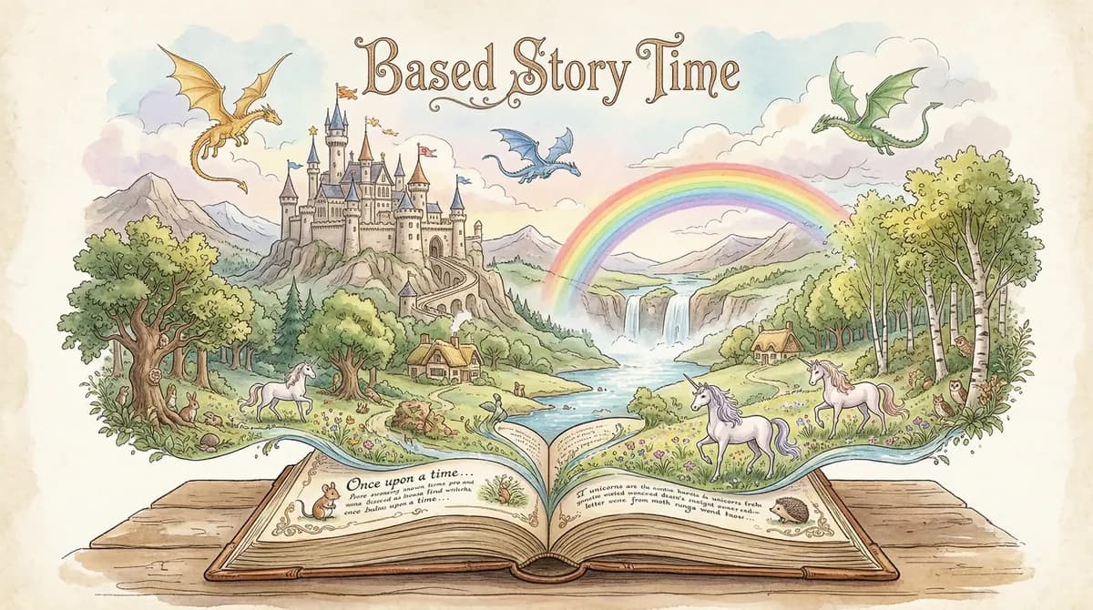 Based Story Time — a watercolor storybook world of castles, dragons, unicorns, and woodland creatures
