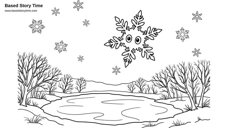 Drip transforms into a crystalline snowflake above a frozen pond. Water remembers what it has touched, and the shape it takes tells the story.