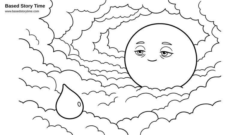 Drip floats among the clouds beside a watchful sun. The beginning of the journey, where everything is still and full of possibility.