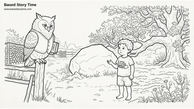 Jaxon and Ian the Owl together in the meadow at the start of the adventure. A gentle scene with plenty of open space for younger children.