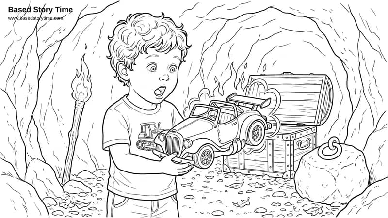 Jaxon discovers what was inside the chest all along. The cave scene with the open chest and the toy car — the moment everything pays off.