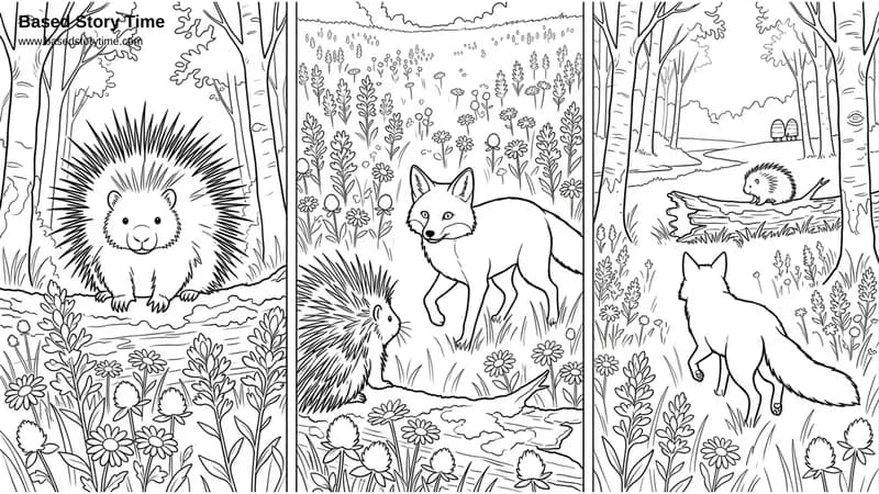 Forest creatures from the moment Jaxon learns the lesson: "It didn't even have to fight." "What did it have to do?" "Just... show it was ready." A porcupine, a fox, and a hedgehog in their woodland.