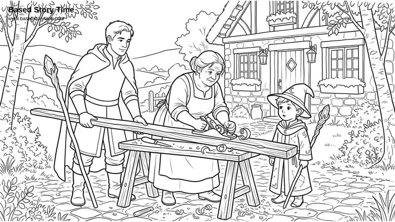 Chris and a neighbor working a stave on a sawhorse together while a child watches. Built on barter and earned trust — "Tomorrow I'll need help with the north fence." "Done." No contract. No argument.