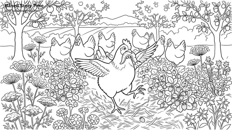 Olivia chases chickens through the garden, laughing so hard no sound comes out. A busy, joyful scene with lots to color.