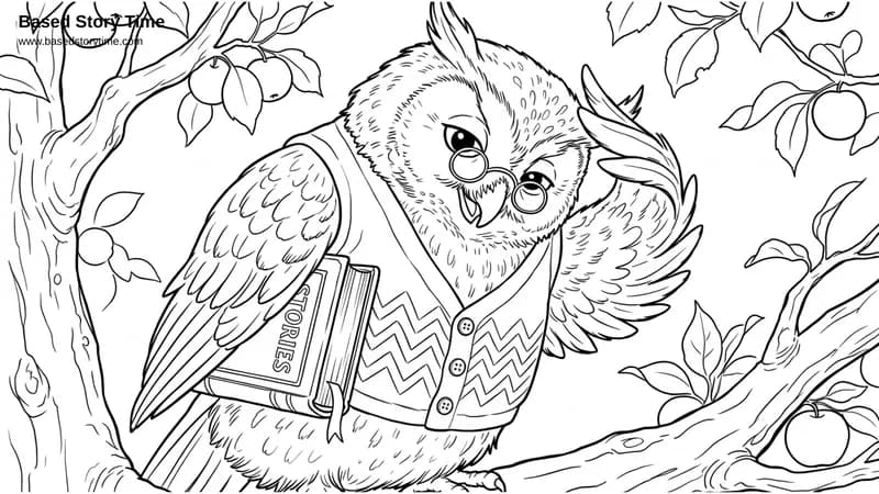 Ian the Owl tilts his head and asks Elliot for help with a garden mystery. A gentle scene with a simple background for younger children.